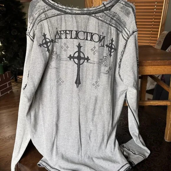 VINTAGE MENS AFFLICTION THERMAL LONGSLEEVE REVERSIBLE DISTRESSED FIGHTER XL/XXL - Picture 4 of 10